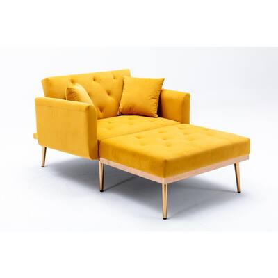 Modern Yellow Velvet Chaise Tufted Lounge with 2-Pillows