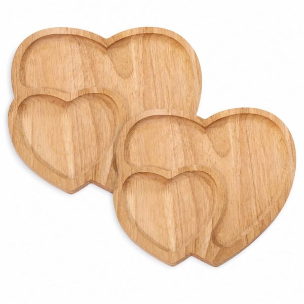 2-Pack Heart-Shaped Rubber Wood Serving Tray 9 x 9 x 2 in. Valentines Day Cheese Cake Plate Dinner 2Pcs