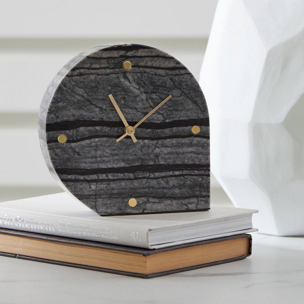Black Marble Contemporary Table Clock Set with Gold Accents