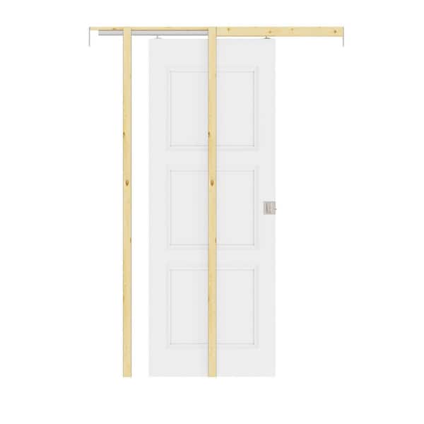 28 in. x 80 in. 3-Lite White Primed Molded Wood Pocket Door with Pocket Hardware Kit (Soft Close and Silver Lock Incl)