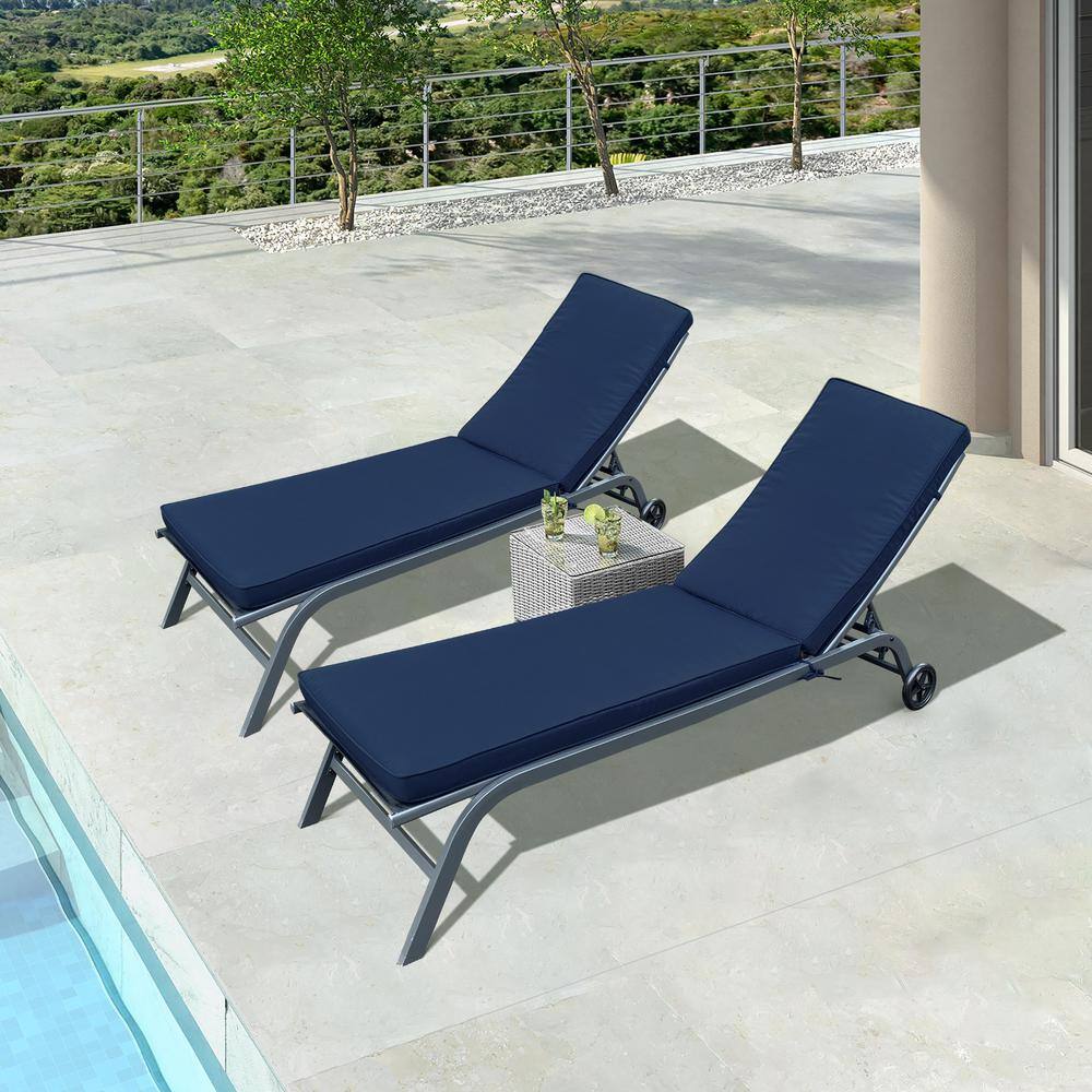 Navy Blue Polyester Outdoor Chaise Lounge Cushion Set