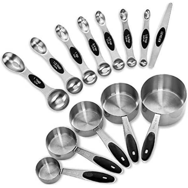 Adrinfly Stainless Steel 12-Piece Black Measuring Cup and Spoon Set with Magnetic Feature