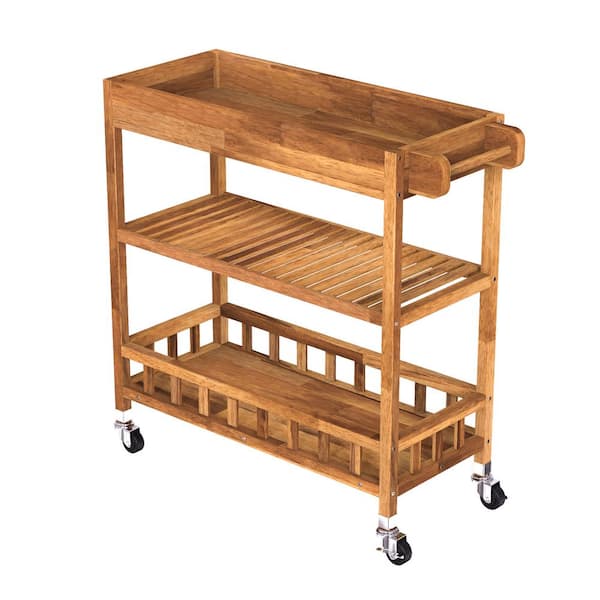 Interbuild 3 Tier Large Solid Acacia Kitchen Cart, Golden Teak, with Tray