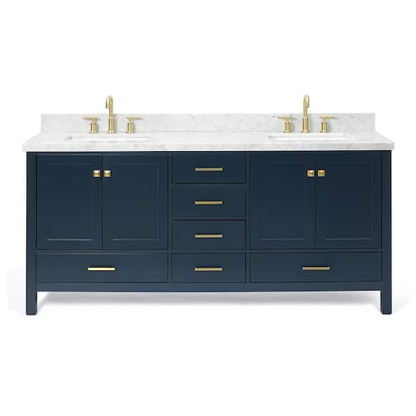 Cambridge 72 in. Double Sink Freestanding Bathroom Vanity in Midnight Blue with Carrara White Marble Top