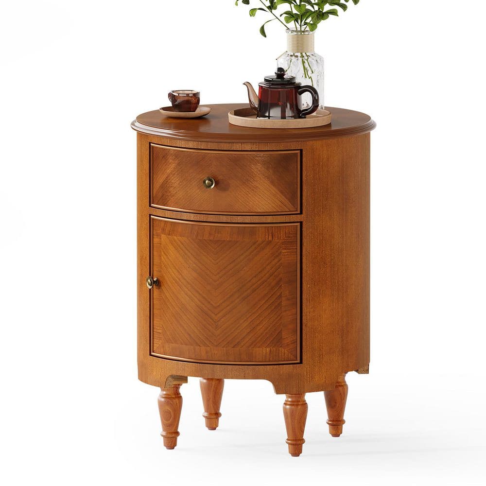 Kerlin 17.71 in. Walnut Round Solid Wood End Table Side Table Nightstand with Drawer, Storage Cabinet for Living Room