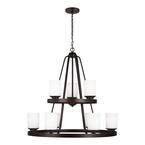 Kemal 9-Light Burnt Sienna Transitional Wagon Wheel Chandelier with Etched White Inside Glass Shades and LED Bulbs