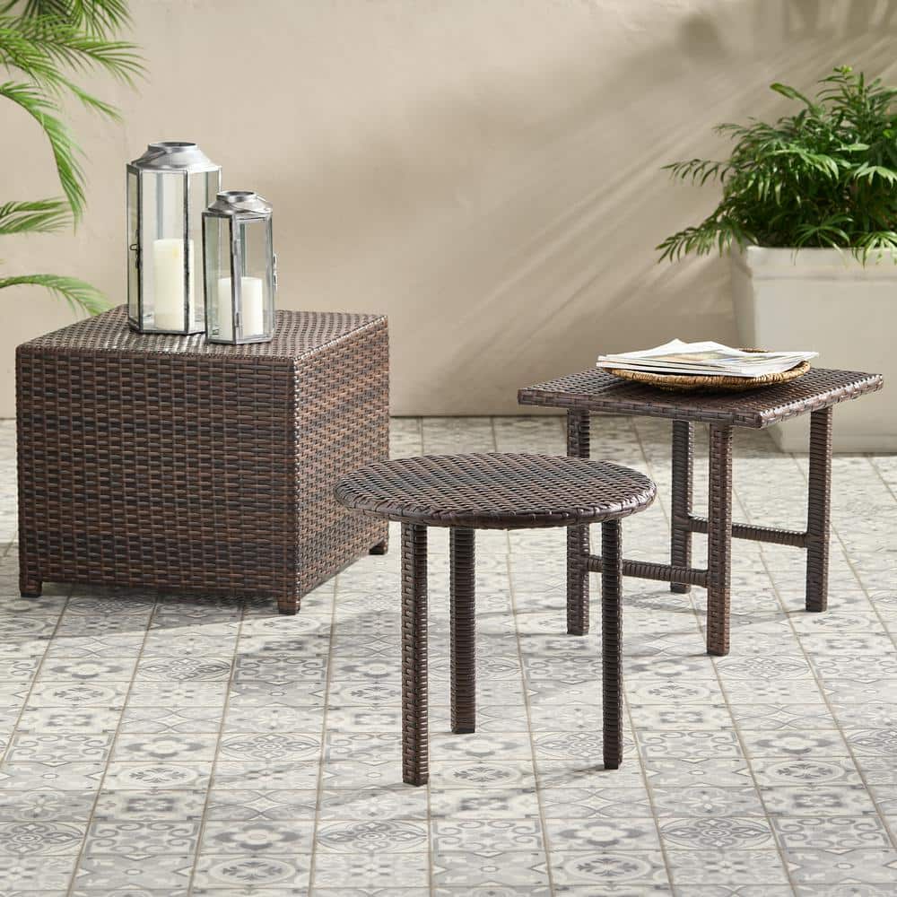 3 Piece Wicker Outdoor Tables, Cube Ottoman, Square-top and Circle-top Tabl