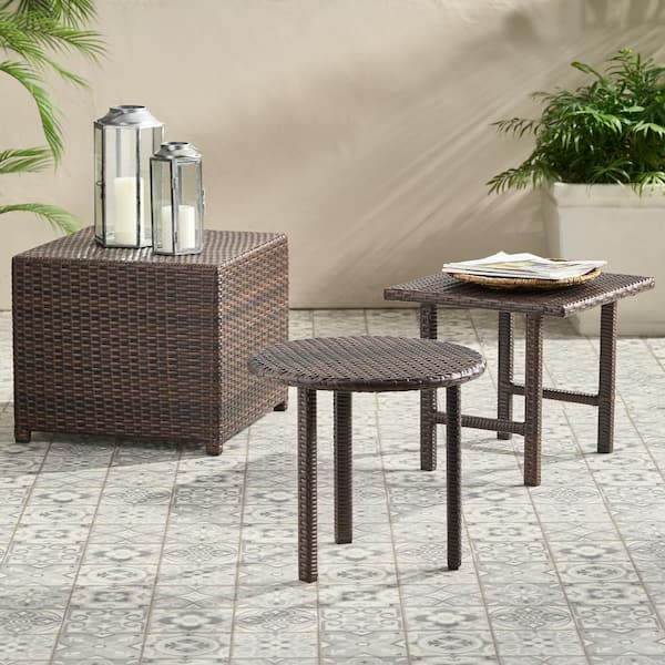 Unbranded 3 Piece Wicker Outdoor Tables, Cube Ottoman, Square-top and Circle-top Table, Natural, Ideal Poolside Accent, Balconies