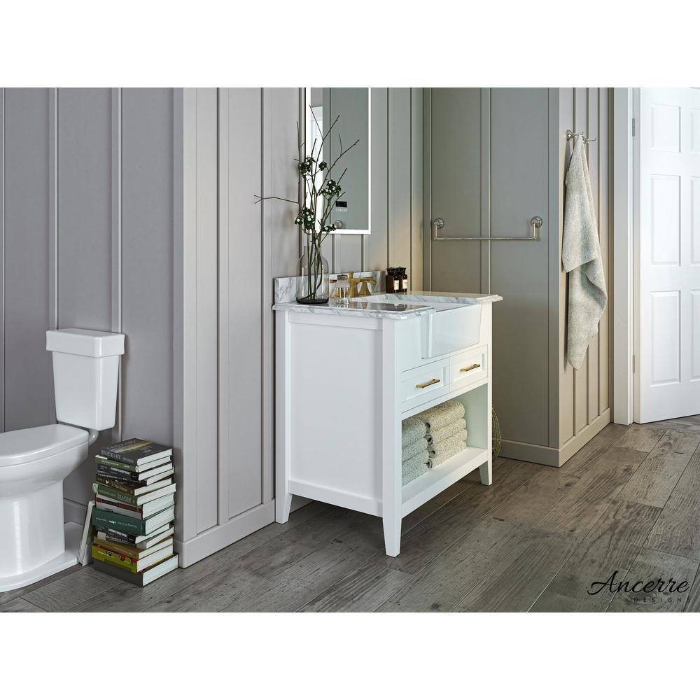Hayley 36" White Wood Bathroom Vanity with Carrara Marble Top