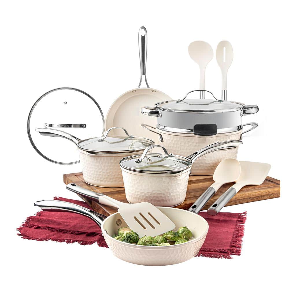 Cream Hammered 15-Piece Ceramic Nonstick Cookware Set with Utensils