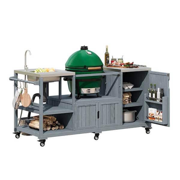 Gray Blue Solid Wood Outdoor Bar Cart Grill Cart Kitchen Island with Sink, Stainless Steel Top