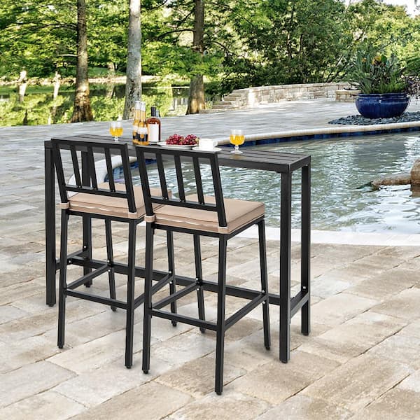 3-Piece Metal Patio Outdoor Dining Table Set Metal Bar Table and Chairs Set with Beige Cushions