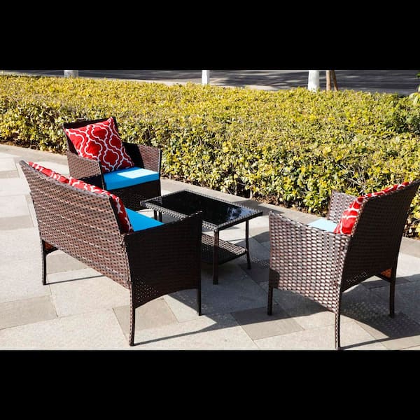 Unbranded 4-Piece Wicker Outdoor Patio Conversation Sofa Seating Set with a Coffee Table and Sapphire Blue Cushions