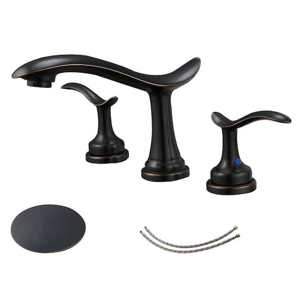 BWE 8 in. Waterfall Widespread 2-Handle Bathroom Faucet With Pop-up Drain Assembly in Spot Resist Oil Rubbed Bronze