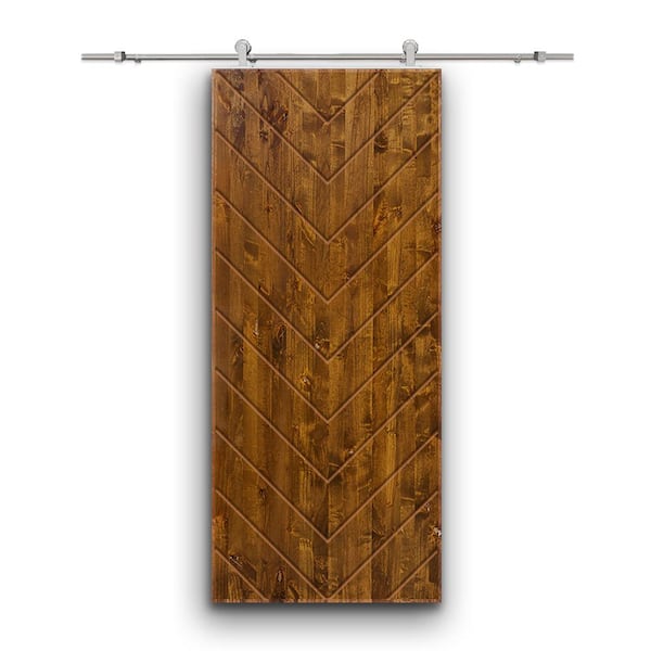 CALHOME Herringbone 24 in. x 84 in. Fully Assembled Walnut Stained Wood Modern Sliding Barn Door with Hardware Kit