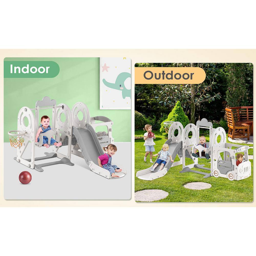 Beige and Gray 5-in-1 Toddler Slide and Swing Set
