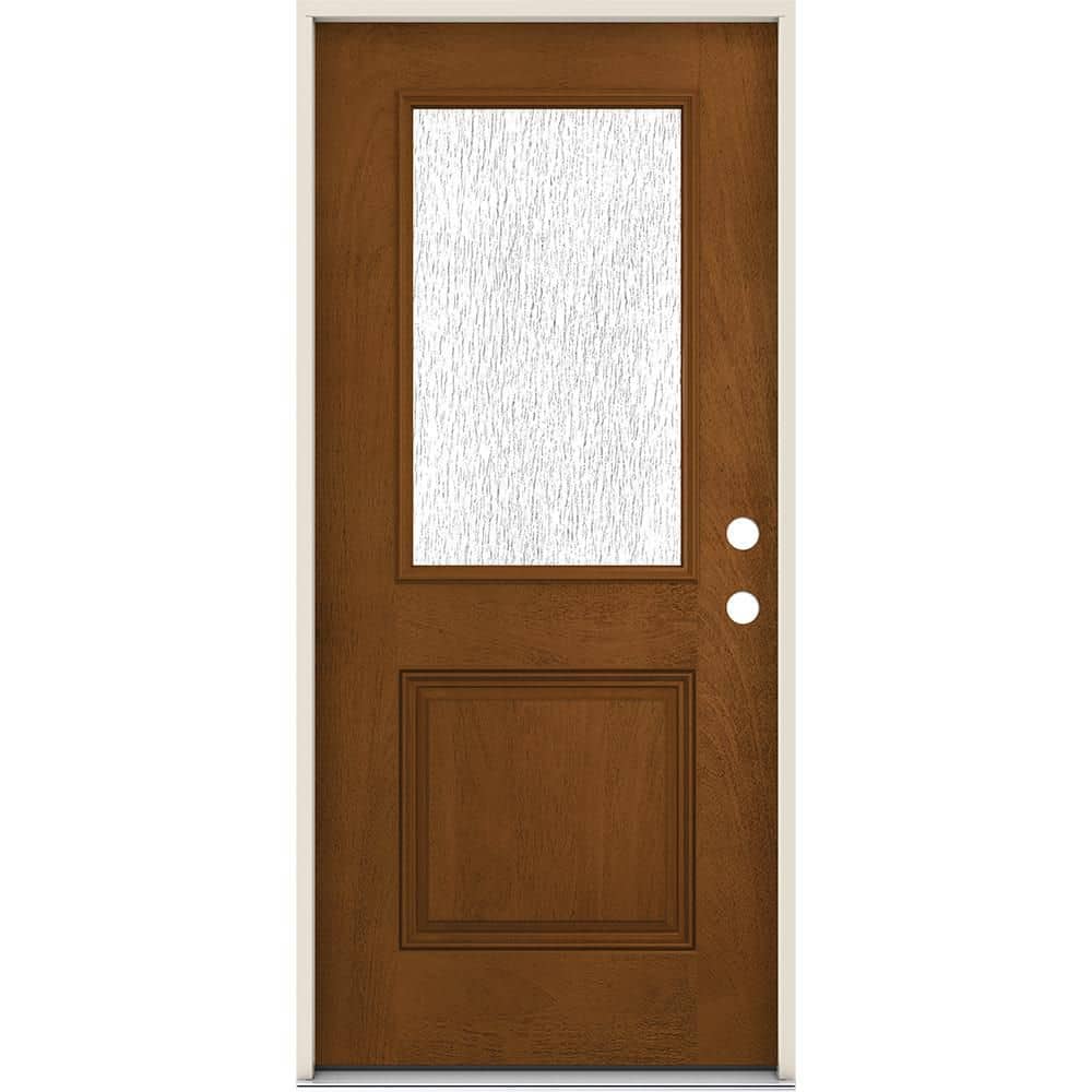 36 in. x 80 in. Left-Hand Inswing 1/2 Lite Rain Glass Mocha Fiberglass Prehung Front Door -  JELD-WEN, THDJW239300013