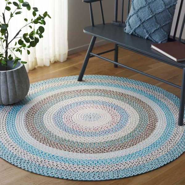 Braided Beige/Light Blue 3 ft. x 3 ft. Machine Washable Striped Multicolor Round Area Rug