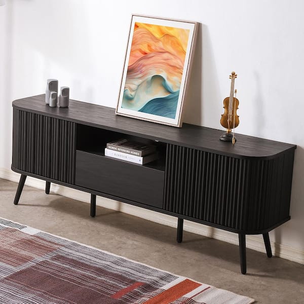 Damien 70 in. Farmhouse Curved TV Stand with Drawer and Storage Doors Fits TVs up to 75 in. with Cable Management, Black
