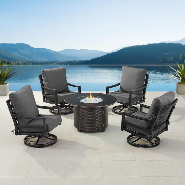 Oakland Living Black 7-Piece Aluminum Patio Fire Pit Set with 4-Club Chairs Black Cushions