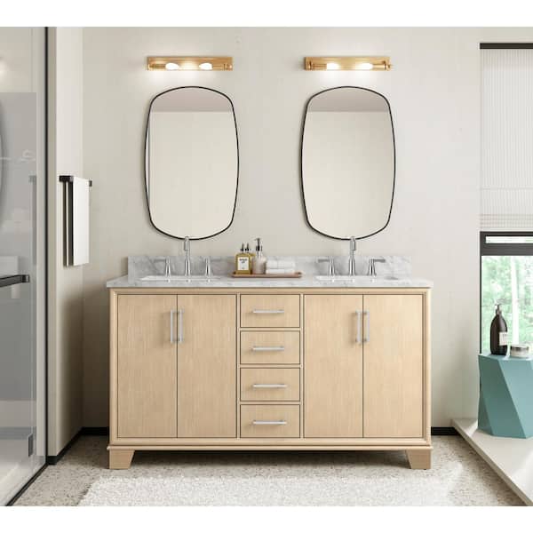 Home Decorators Collection Nanterre 61 in W x 22 in D x 36 in H Double Sink Bath Vanity in Desert Birch With White Marble Top
