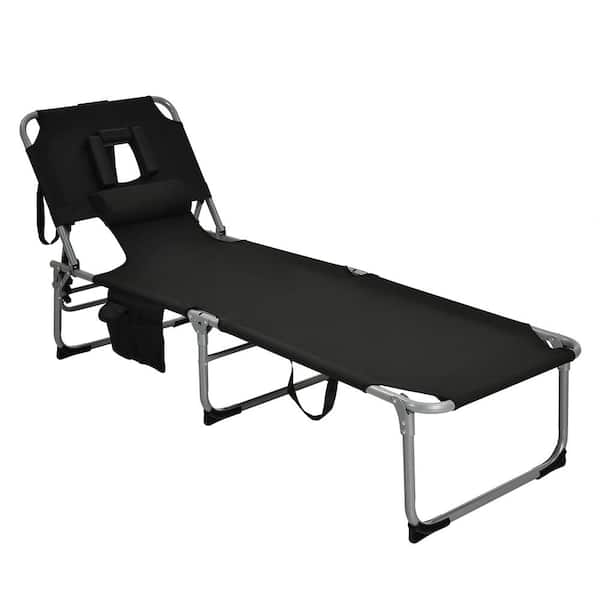 Gymax Outdoor Black Fabric Portable Beach Chaise Lounge Chair Folding Reclining Chair with Facing Hole