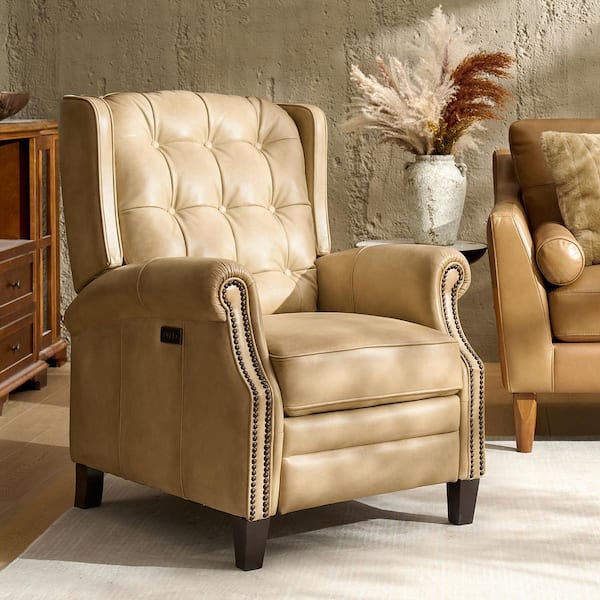 Carlos Beige 29.25''W Genuine Leather Power Recliner with Solid Wood Legs