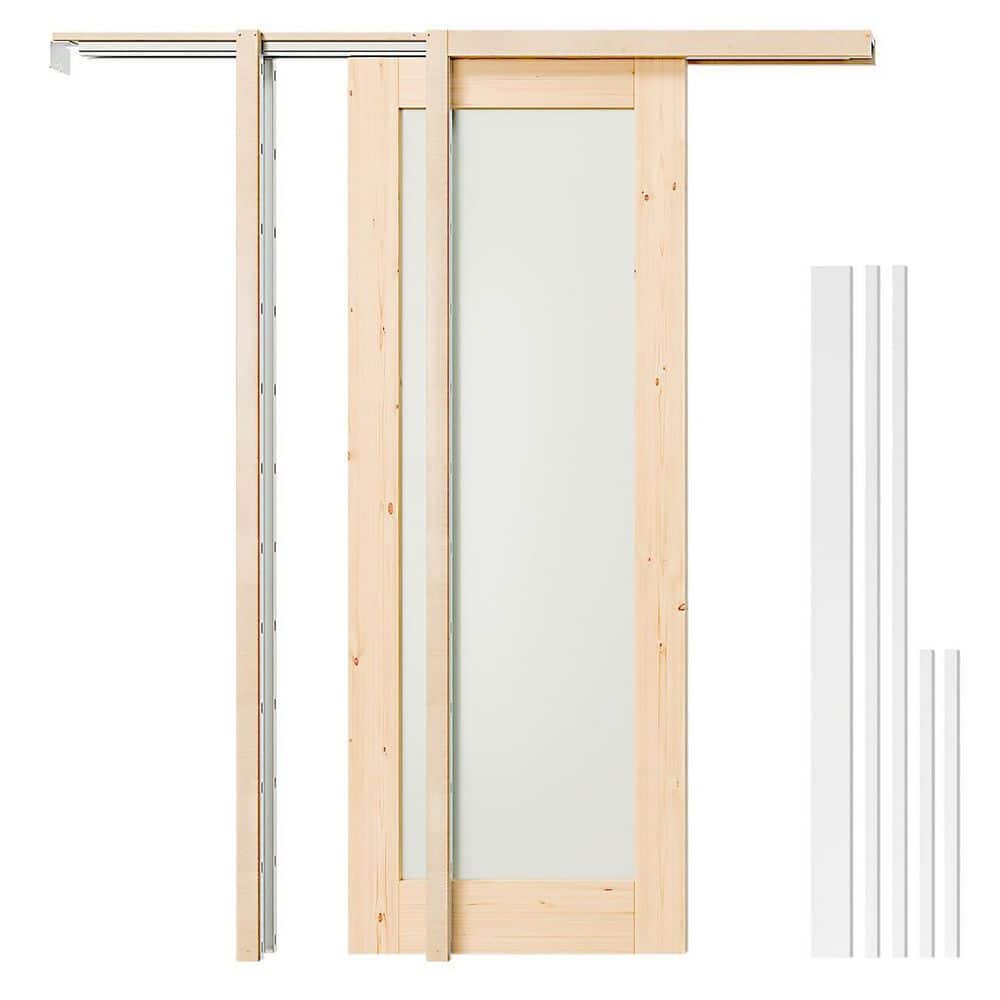 28 in. x 80 in. Full Lite Frosted Glass Pine Wood Pocket Door Slab with Door Frame Kit and Jamb, Sliding Interior Door price history on PriceWatchPro