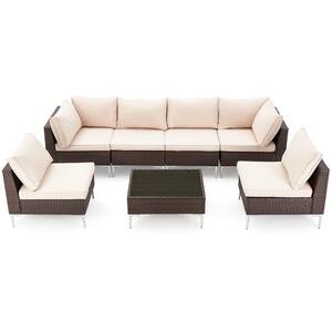 7-Piece Wicker Patio Conversation Set with Win Beige Cushions with new style stainless bottom frame