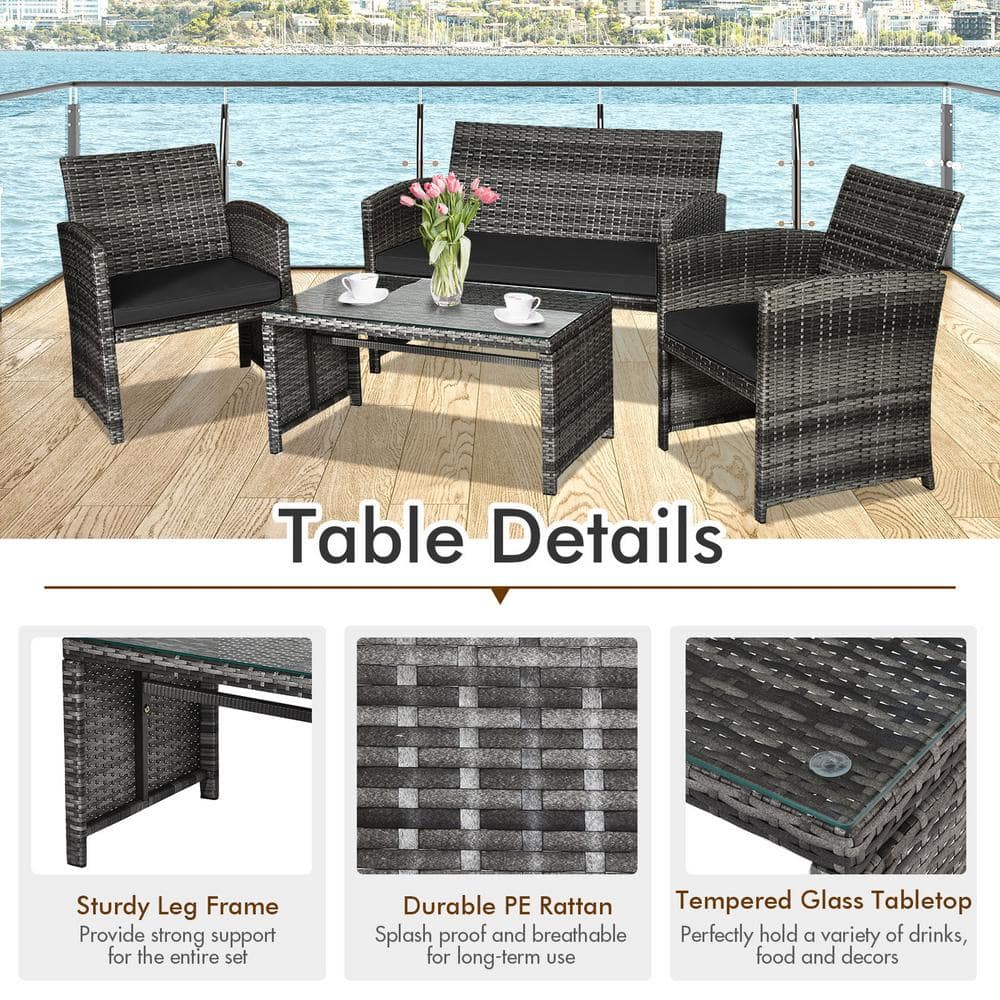 Black 4-Piece Rattan Patio Furniture Set with Glass Table