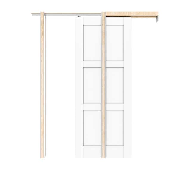 ARK DESIGN 32 in. x 80 in. White Primed 3 Lite MDF Door with Solid Core Pine Wood Pocket Door Frame with Hardware and Soft Close