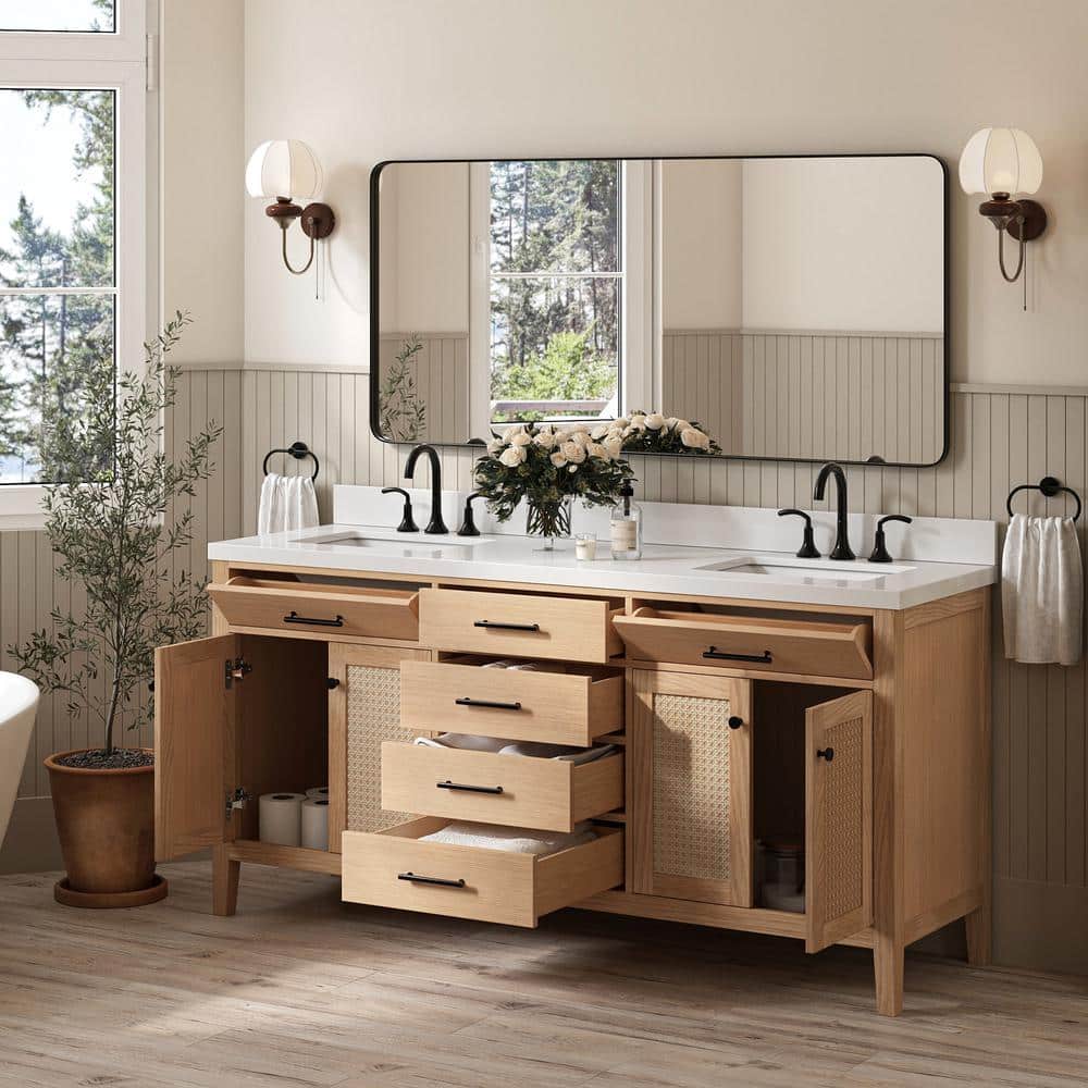 Camila 73'' Light Brown Double Sink Freestanding Vanity with White Quartz Top