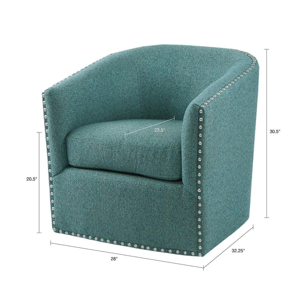 Curved Teal Swivel Lounge Chair with Pewter Nailhead Accents