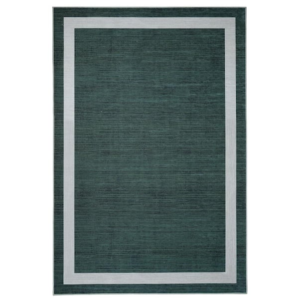 PLAYA RUG Everest Green Creme 5 ft. 4 in. x 8 ft. Machine Washable Geometric Modern Border Polyester Non-Slip Backing Area Rug