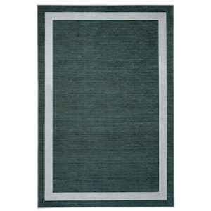 Everest Green Creme 5 ft. 8 in. x 9 ft. Machine Washable Geometric Modern Border Polyester Non-Slip Backing Area Rug