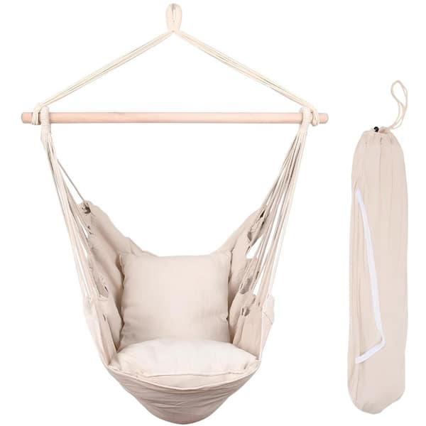 Unbranded Outdoor Hammocks Hanging Rope Sling Canvas Hammock Chair Swing Seat with 2-Seat Cushions and Carrying Bag, Natural