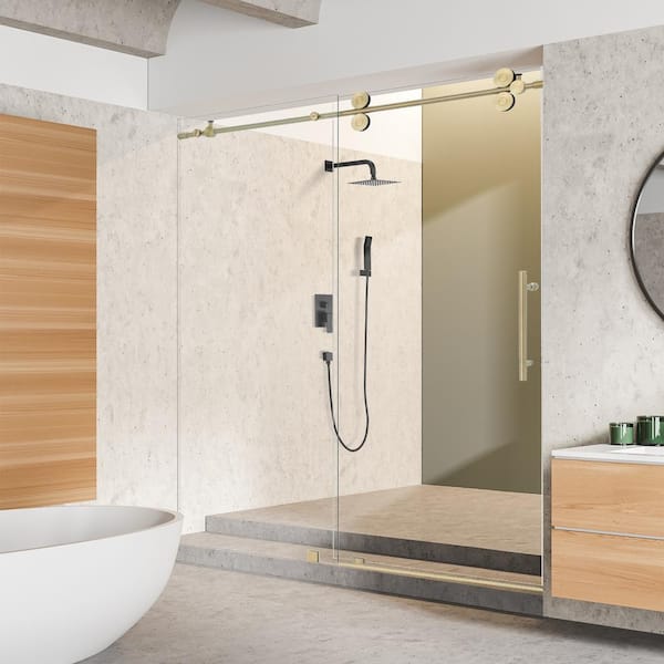 Altair Lazaro 68 in. W x 78 in. H Sliding Frameless Shower Door in Brushed Gold Finish with Clear Glass