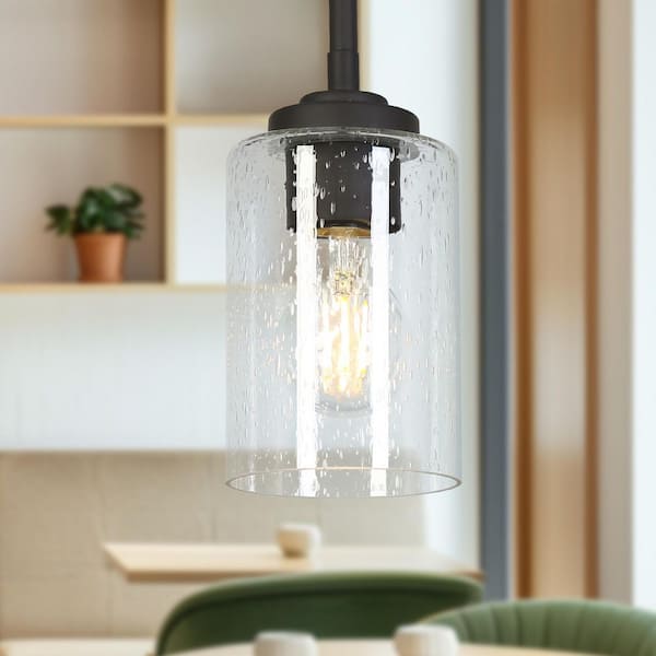 Modern 1-Light Oil Rubbed Bronze Cylinder Mini Pendant Light with Seed Glass Shade for Kitchen, Dining Room