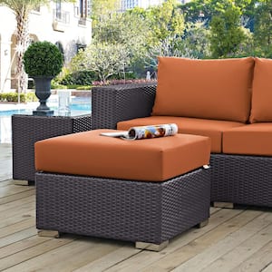 Convene Wicker Outdoor Patio Fabric Square Ottoman in Espresso with Orange Cushion