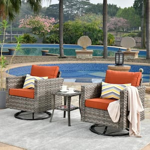 Marvel Gray 3-Piece Wicker Wide Arm Patio Conversation Set with Orange Red Cushions and Swivel Rocking Chairs