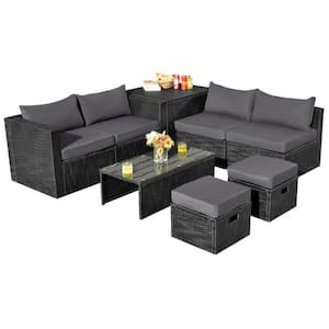 8-Piece Wicker Patio Conversation Set Furniture Set with Gray Cushions, Storage Box and Waterproof Cover