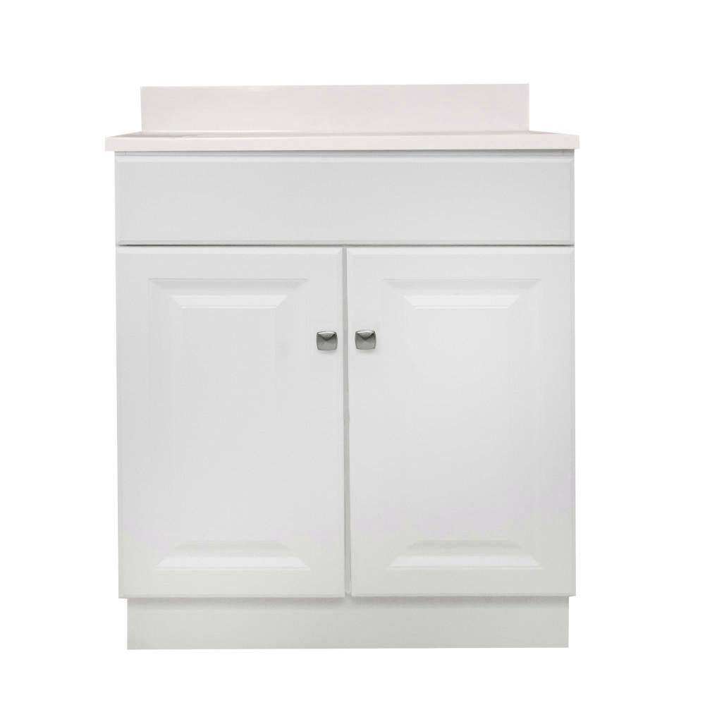 White Cultured Marble Freestanding Bathroom Vanity with Satin Nickel Knobs