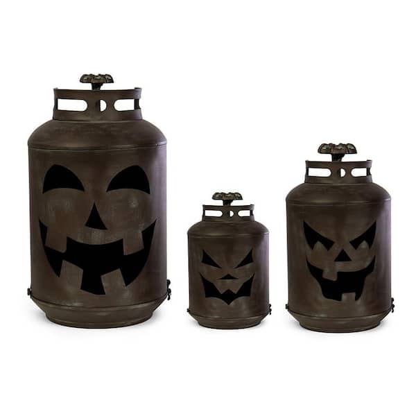 Bindle & Brass 14 in. Halloween Patina Pumpkin Lanterns - Replica Propane Lanterns (Set of 3)