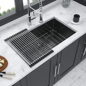 33 in. Undermount Single Bowl 16-Gauge Gunmetal Black Stainless Steel Kitchen Sink with Bottom Grids