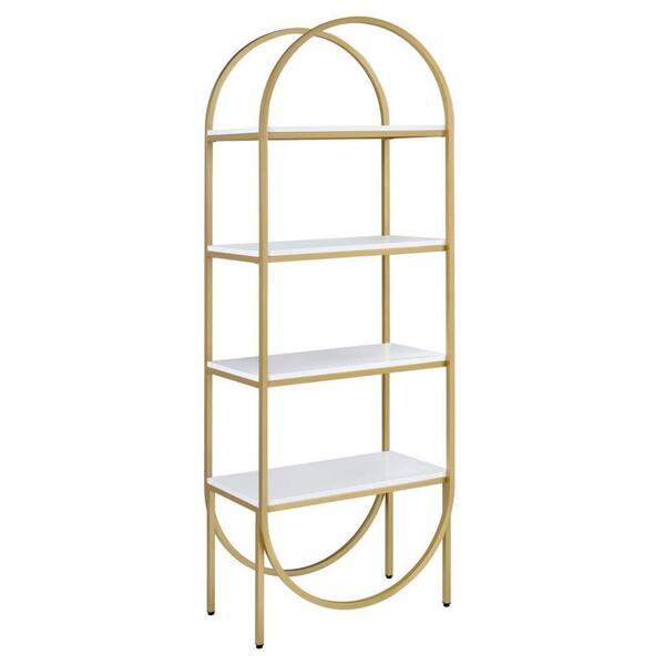 Benjara Arched 78 in. H White and Gold Metal Frame Wooden Bookshelf ...