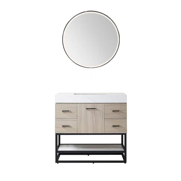 ROSWELL Toledo 36 in. W x 22 in. D x 34 in. H Single Sink Bath Vanity in Light Walnut with White Composite Stone Top and Mirror