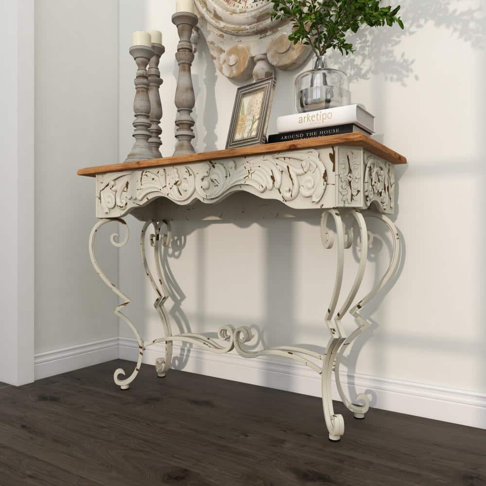 French Provincial White Metal Scroll Console Table with Fir Wood Top