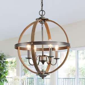 Rustic Globe Candlestick Brushed Silver Chandelier 4-Light Island Farmhouse Cage Pendant Chandelier with Wood Accents