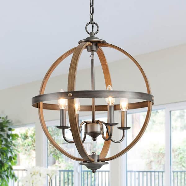 LNC Rustic Globe Candlestick Brushed Silver Chandelier 4-Light Island Farmhouse Cage Pendant Chandelier with Wood Accents