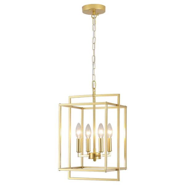 4-Light Gold Farmhouse Chandelier with Metal Square Shade, Candlestick Chandeliers for Kitchen Island